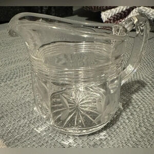 Vintage Kitchen 50's Clear Etched Glass Leaf Lines Starburst Creamer Pitcher 3"